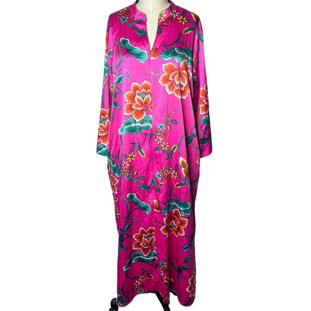 N Natori Floral Satin Mandarin Collar Zip Front Maxi Caftan Dress Pocket Size XL